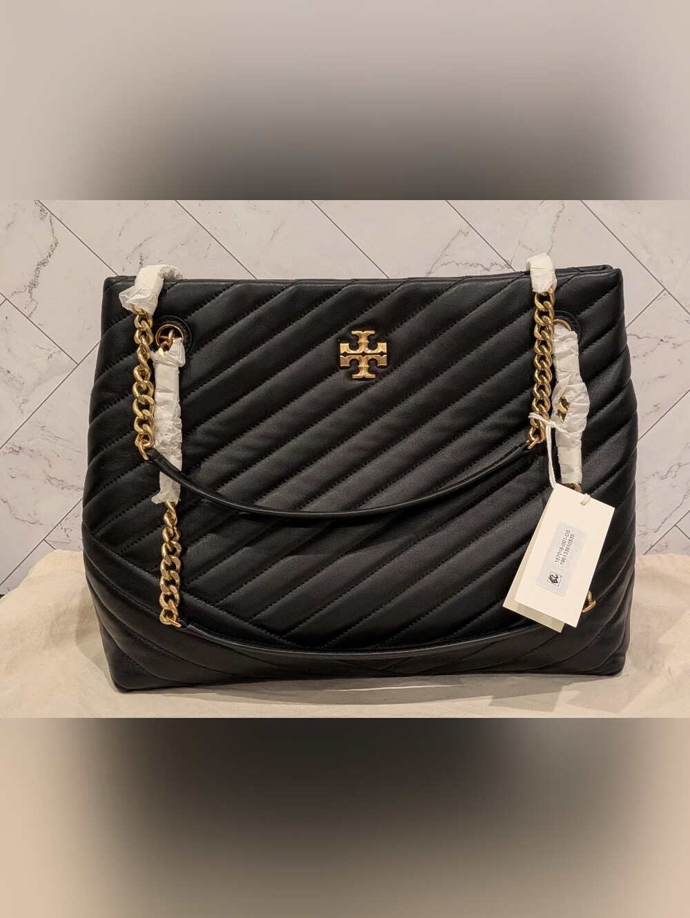 Tory Burch Kira Chevron Black Quilted Shoulder Bag with Gold Hardware